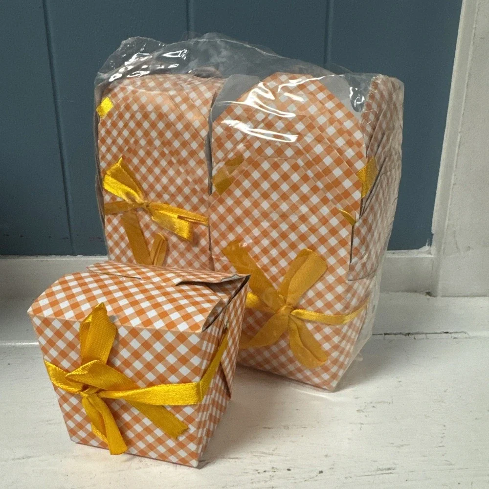 12 Mini Take‎ Out Boxes Gingham Orange White Check W/ Handle Goody Party Favor